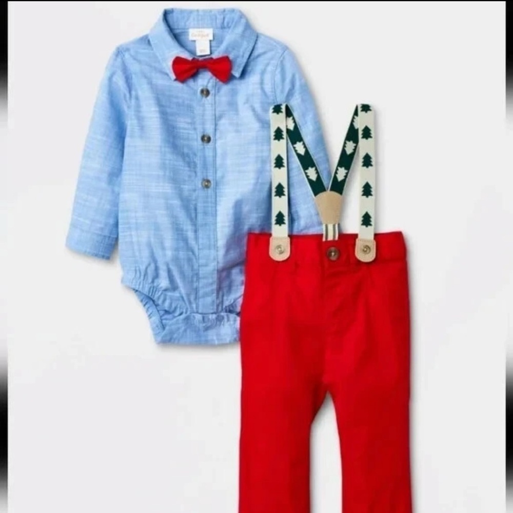 Cat & Jack Baby Boys Holiday Suspender Set NEW Christmas Tree Size NB